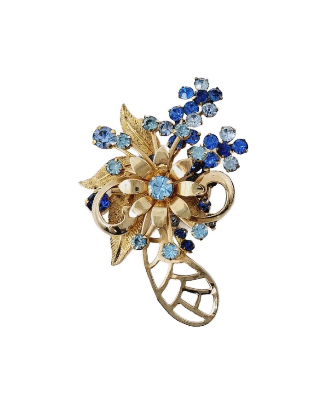 Mid Century Blue Austrian Crystal Spray Brooch 2" Tall